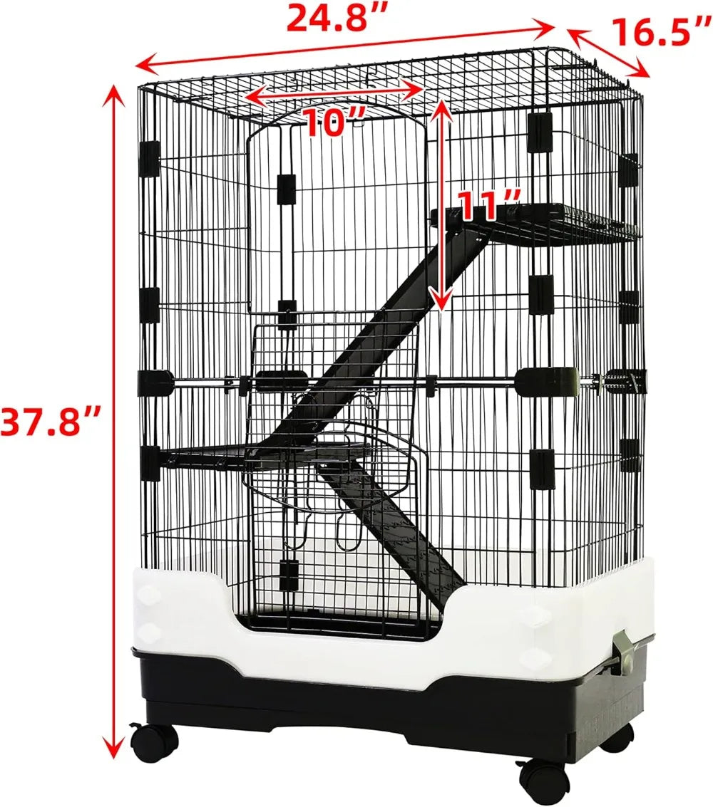 3-Level Small Animal Cage for Rat, Hamster, Guinea Pig, Squirrel, with Caster Tray & Urine Guard, 25x17x38 Inches, Black
