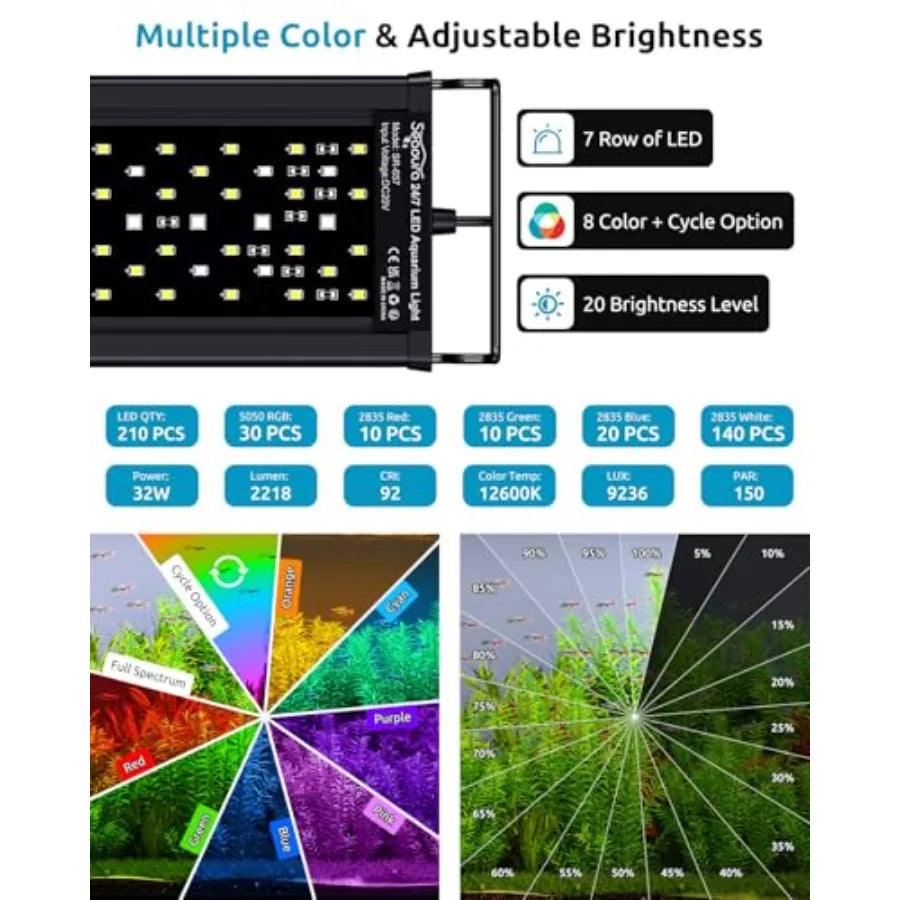 LED Aquarium Plant Light, 24/7 Custom Timer, Power-Off Memory, 7-Row LEDs 30-36in Full Spectrum Fish Tank Lights, 8 Colors, 20