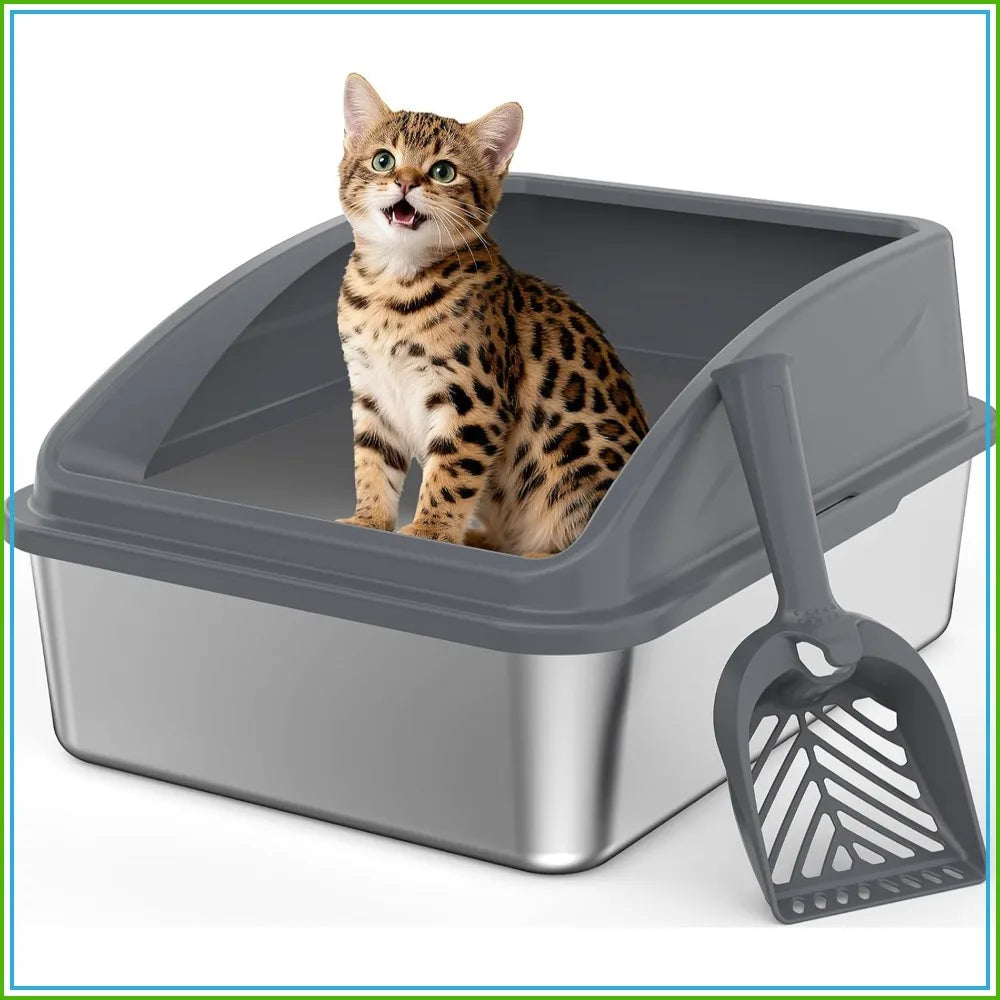 Stainless Steel Litter Box, Anti-Leak Top Entry, Easy Clean, Non-Sticky, with Scoop