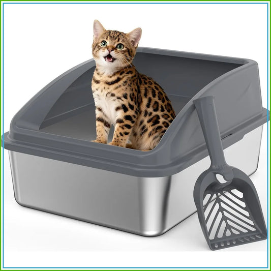 Stainless Steel Litter Box, Anti-Leak Top Entry, Easy Clean, Non-Sticky, with Scoop