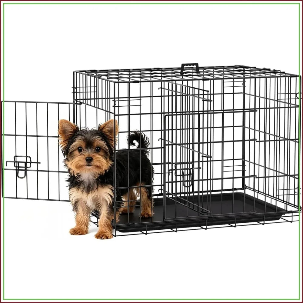 24-Inch Dog Crate for Small Dogs, Double Door Folding Metal Wire Kennel with Divider & Leak-Proof Tray, Black
