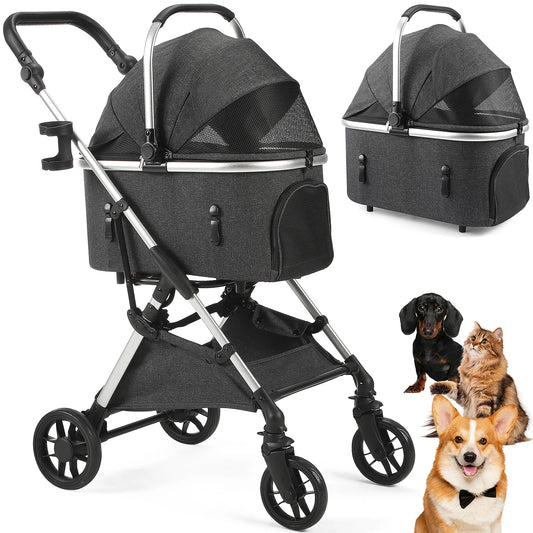 Portable Lightweight Pet Stroller for Medium Dogs - Smooth-Ride 4-in-1 Car Seat Combo with Detachable Carrier Rubber Wheels Quick-Folding for Seniors Cats