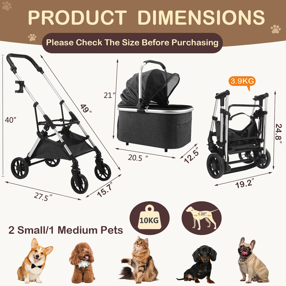 Portable Lightweight Pet Stroller for Medium Dogs - Smooth-Ride 4-in-1 Car Seat Combo with Detachable Carrier Rubber Wheels Quick-Folding for Seniors Cats