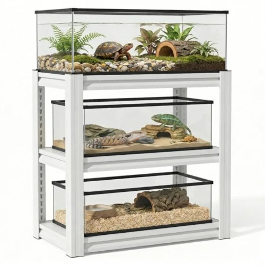Fish Tank Stand for 20-30 Gallon Aquariums, Heavy Duty Metal Frame, White, Height Adjustable 3-Tier Storage with Reinforced Sup