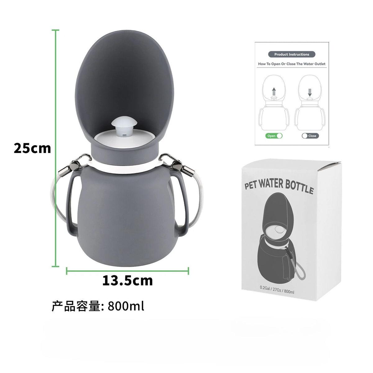 Silicone Dog Water Bottle,2-in-1 Foldable&Leakproof,BPA-Free,Ideal for Hiking,Car Travel & Training,with Carabiner,800ml