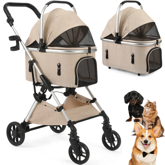 Pet Stroller with 4 Wheels Foldable Pet Travel Carrier for Small/Medium Dogs Cats up to 50lbs Detachble Portable Pet Storage Bag