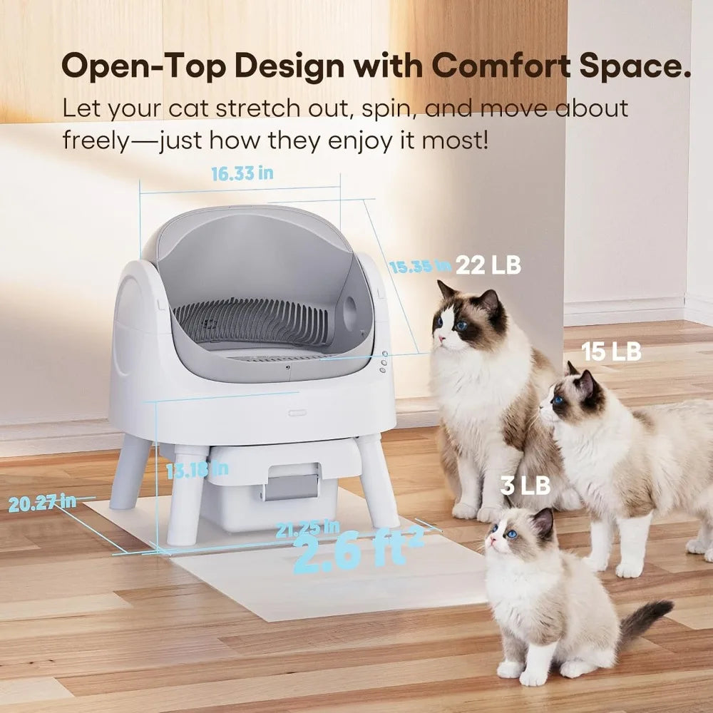 Open-Top Self-Cleaning Cat Litter Box, Automatic Litter Box with Integrated Safety Protection for Multiple Cats, Custom