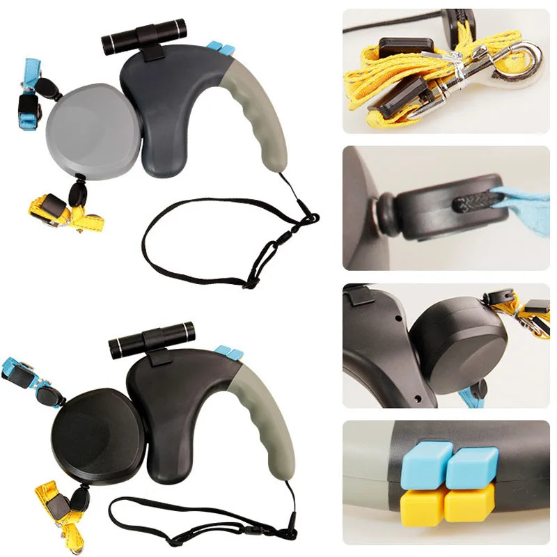 Retractable Dog Leash Lead With Flashlight 360 Swivel No Tangle  Portable rotating pet leash for 2 dogs walking pet supplies