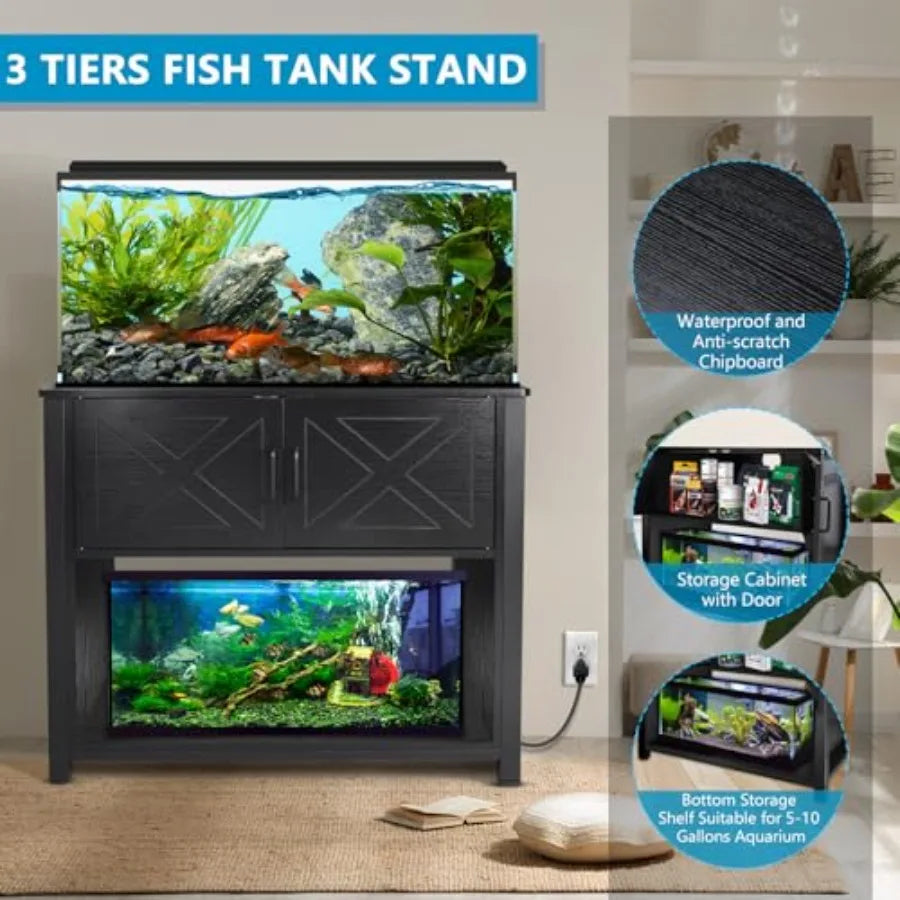40 Gallon Tank Stand with Cabinet and Power Outlets, Heavy Duty Metal Aquarium Stand for Breeder Tank, Turtle Tank, Double Terr