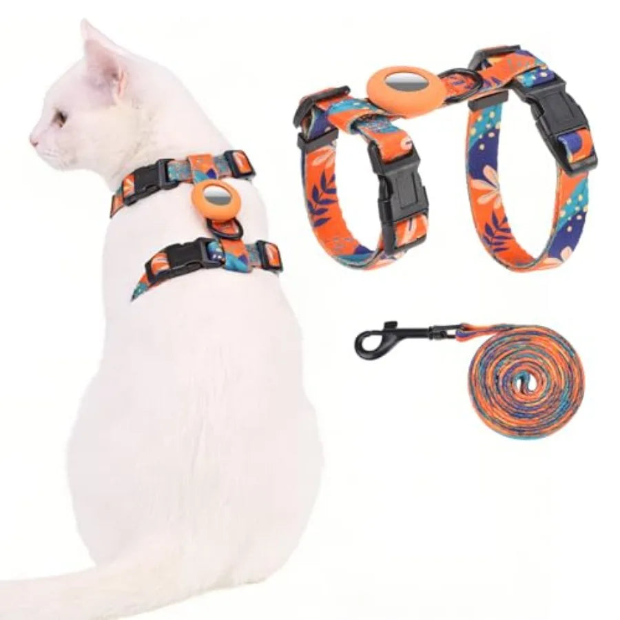 Cat Harness and Leash Set with Airtag Holder for Walking and Travelling, Escape Proof Cat Harness for Small Medium Large Kitten