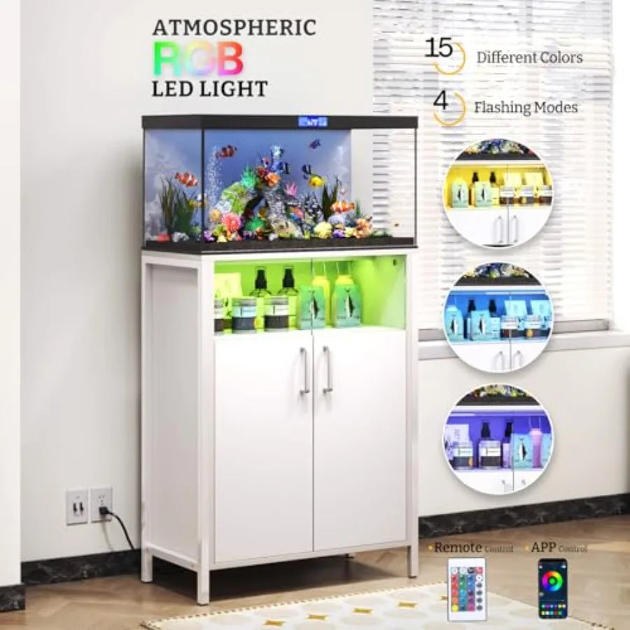 10-20 Gallon Fish Tank Stand with LED Lights, 700LBS Capacity Aquarium Stand with Power Outlets, Heavy Duty Fish Tank Table wit