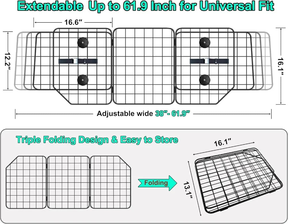 Adjustable Dog Car Barrier for SUVs Trucks Vans, Heavy-Duty Wire Mesh Pet Divider, 61.9 Inch, Universal Fit