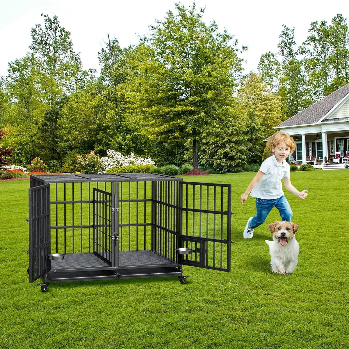 Heavy Duty Metal Dog Crate 42 Inch with Double Door Lock Wheels Removable Tray Divider Panel Large Dog Cage for Indoor Small Medium Dogs