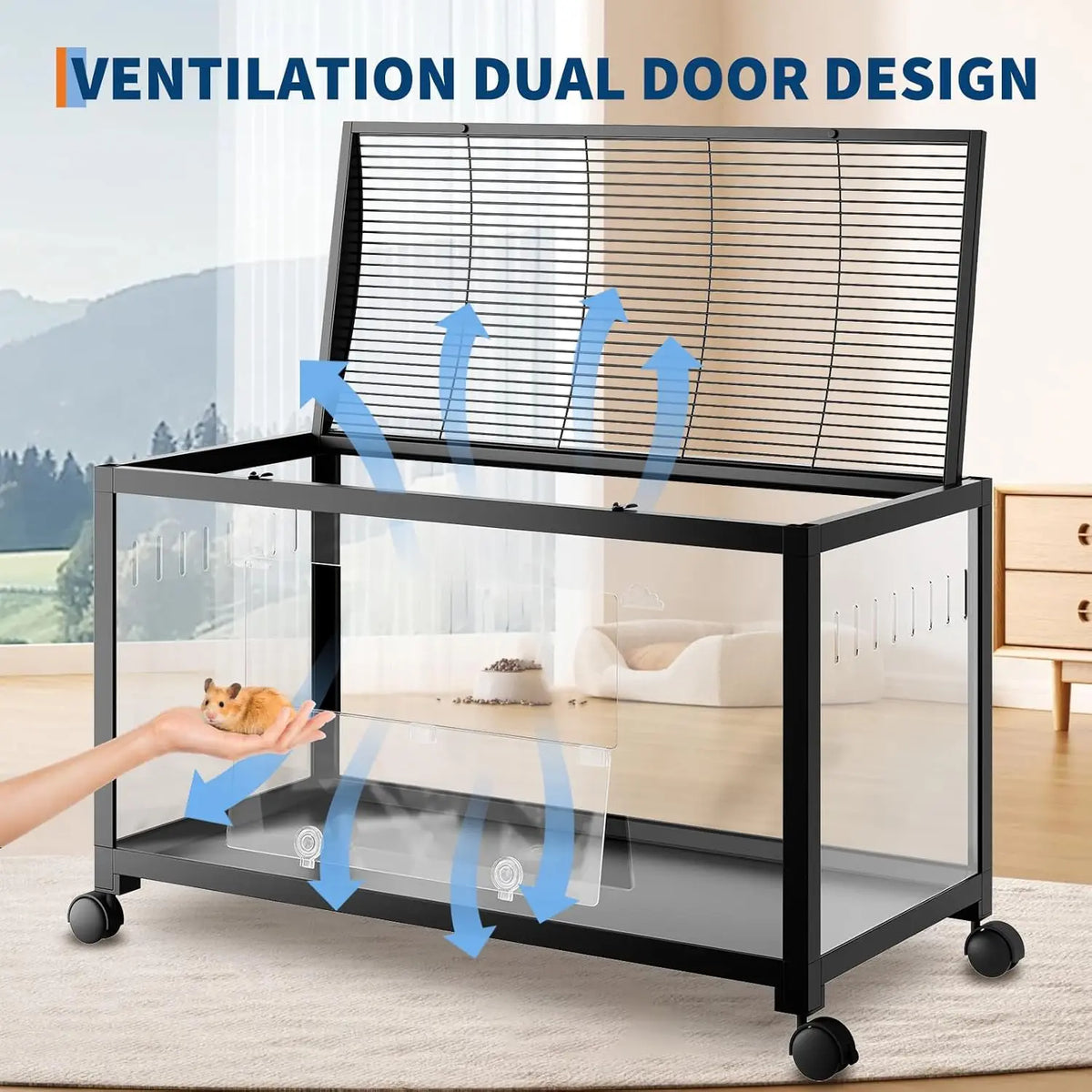 Large Hamster Cage, 3-Tier Gerbil Cages with Running Wheel, Water Bottle, Food Bowl, Ramps, Portable Hamster House with 7" Deep Glass Bottom for Syrian, Hamster, Gerbils (Metal Black)