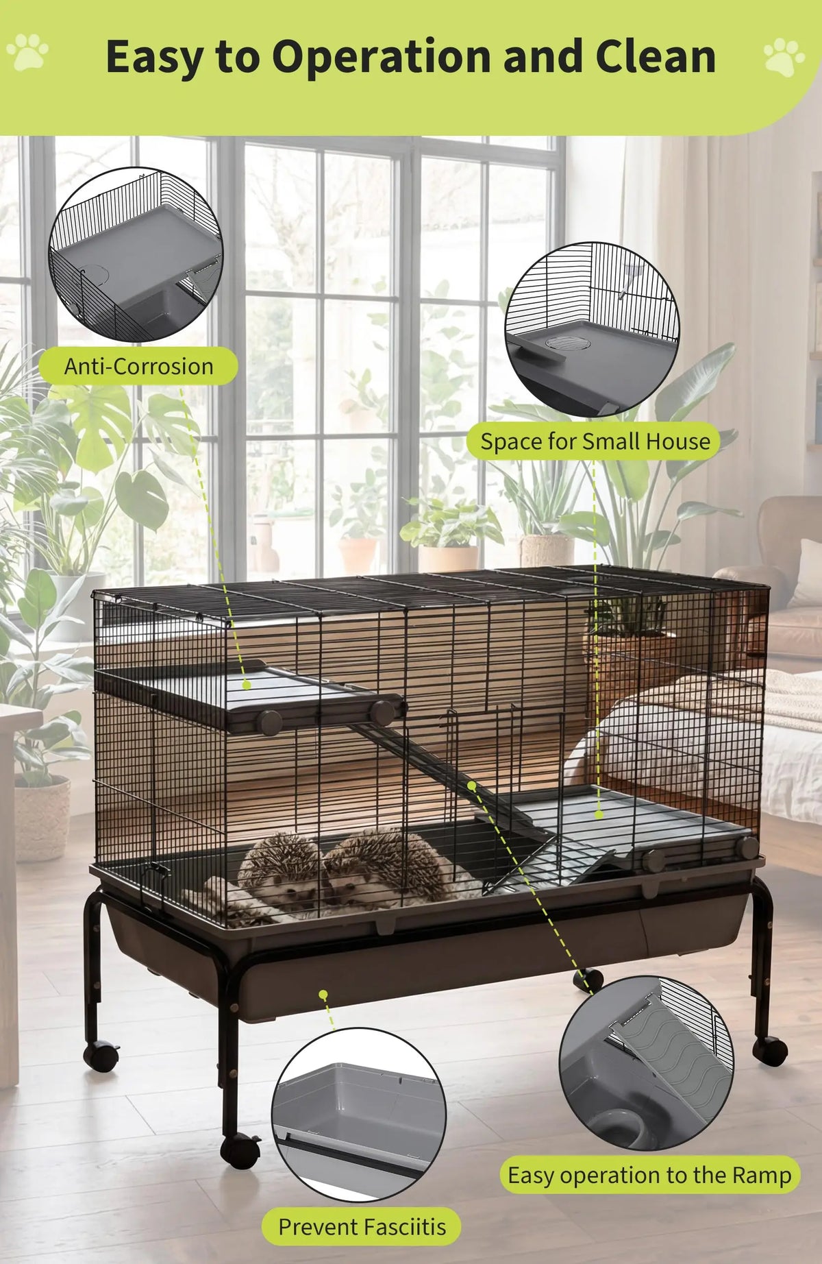 40'' Small Animal Cage With Detachable Stand, Hamster Cage with Ramp & Removable Tray & Water Bottle, Rolling Pet Habitat for Rabbits, Guinea Pigs