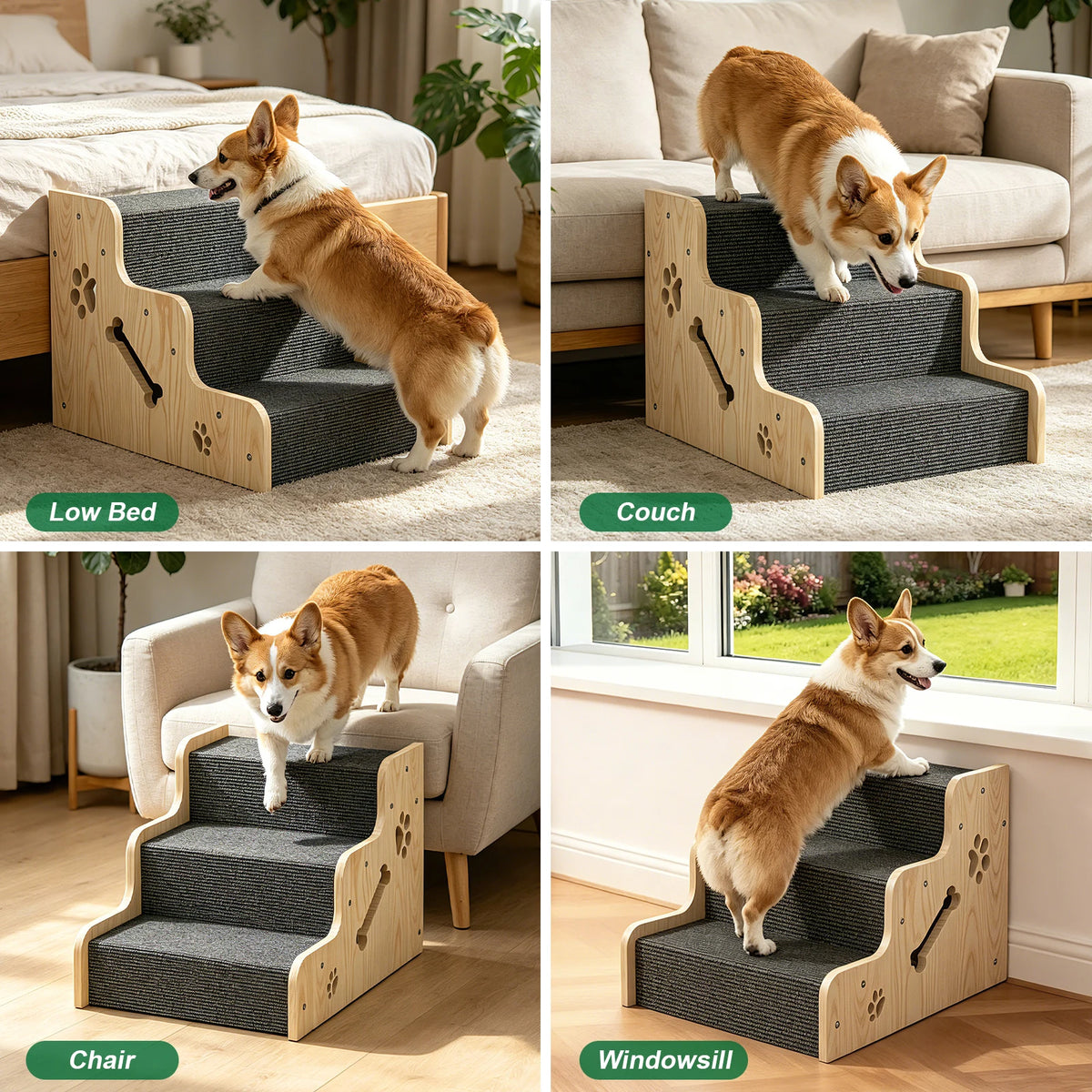 3 Step Wooden Pet Stairs, Large Non-Slip Dog Steps, Scratch-Resistant Carpet & Side Safety Panels,for Small & Large Dogs and Cats, Beds, Couches & Sofas