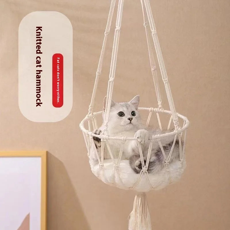 Winter Cat Window Perch, Cat Hammock for Wall with  Hand Woven Ropes,  Foldable Cat Beds for Indoor Cats Basket Swing