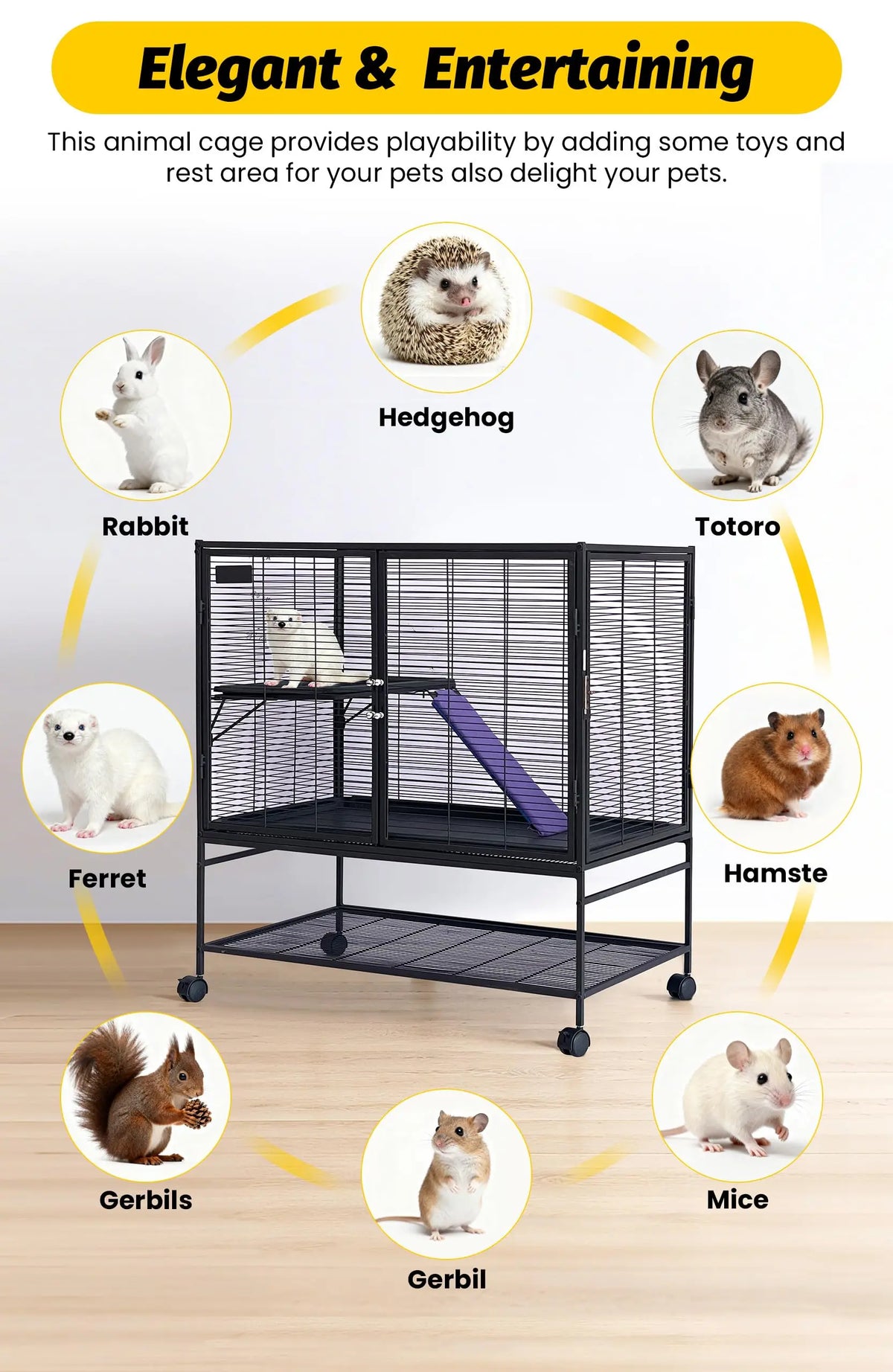 Small Animal Cage, 39” H Large Ferret Cage with Removable Ramp & Tray, Hamster Cage for Chinchilla, Guinea Pig and Rabbit