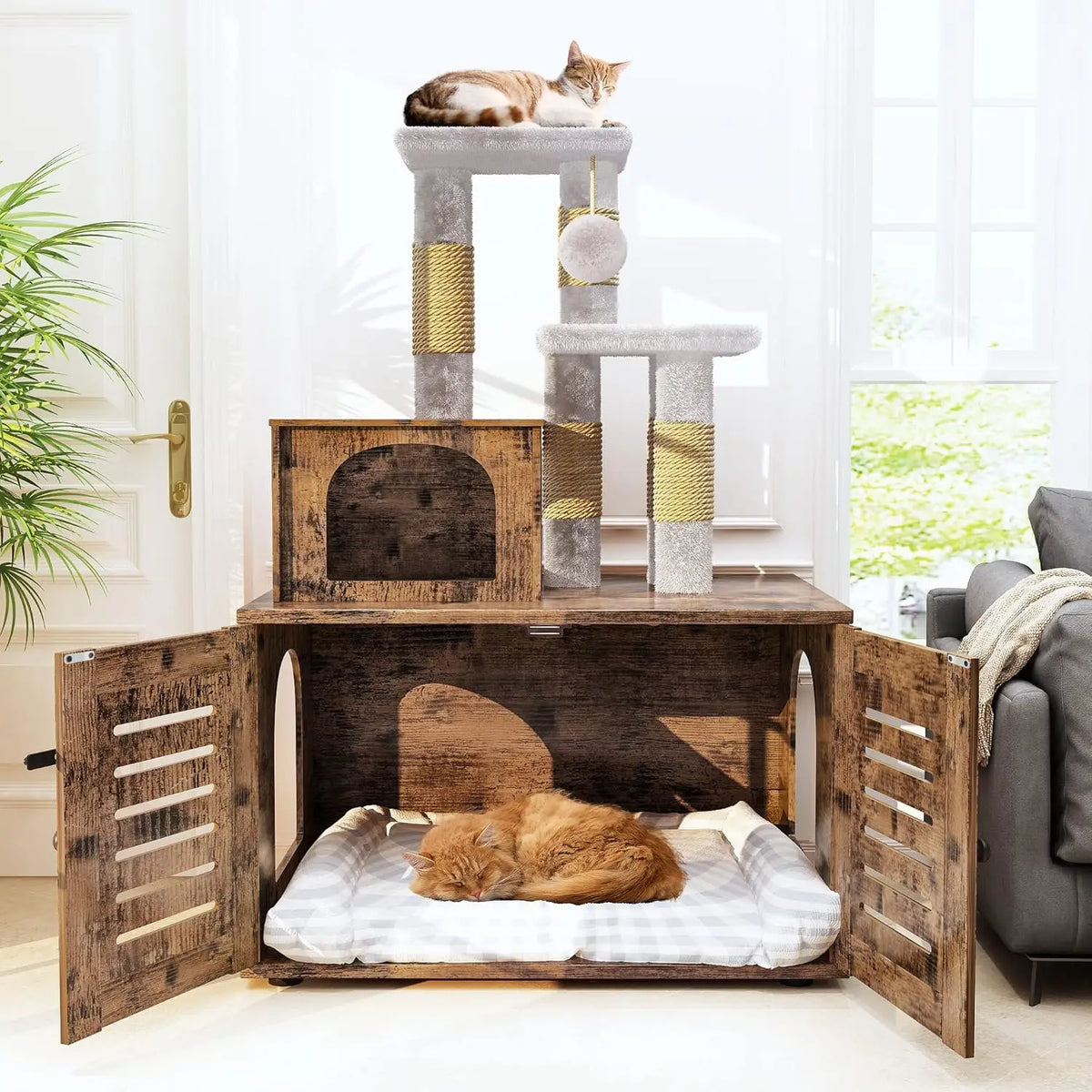 Cat Litter Box Enclosure with Cat Tree Tower 2-in-1 Hidden Pet Washroom Furniture with Scratching Post and Soft, Customized