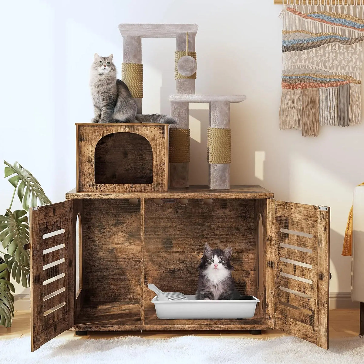 Cat Litter Box Enclosure with Cat Tree Tower 2-in-1 Hidden Pet Washroom Furniture with Scratching Post and Soft, Customized