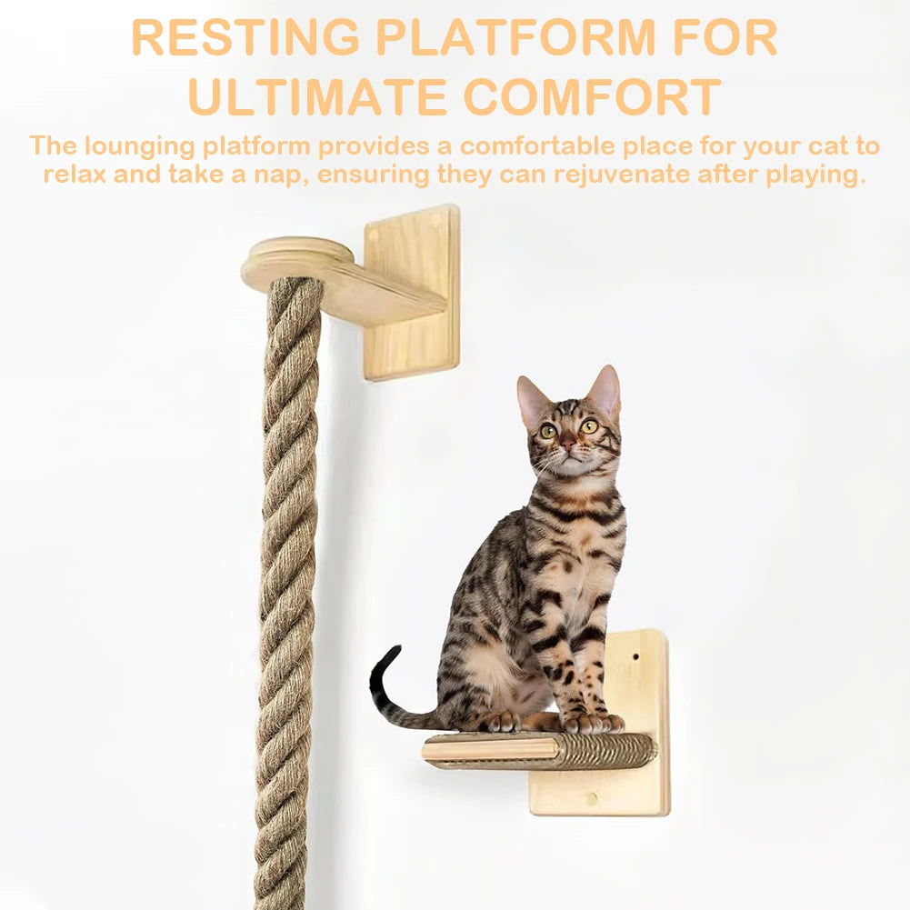 Cat Climbing Rope with Wood Platform Wall Mounted Rope Reusable Claw Grinding Tool for Cat Furniture Scratcher Play Equipment