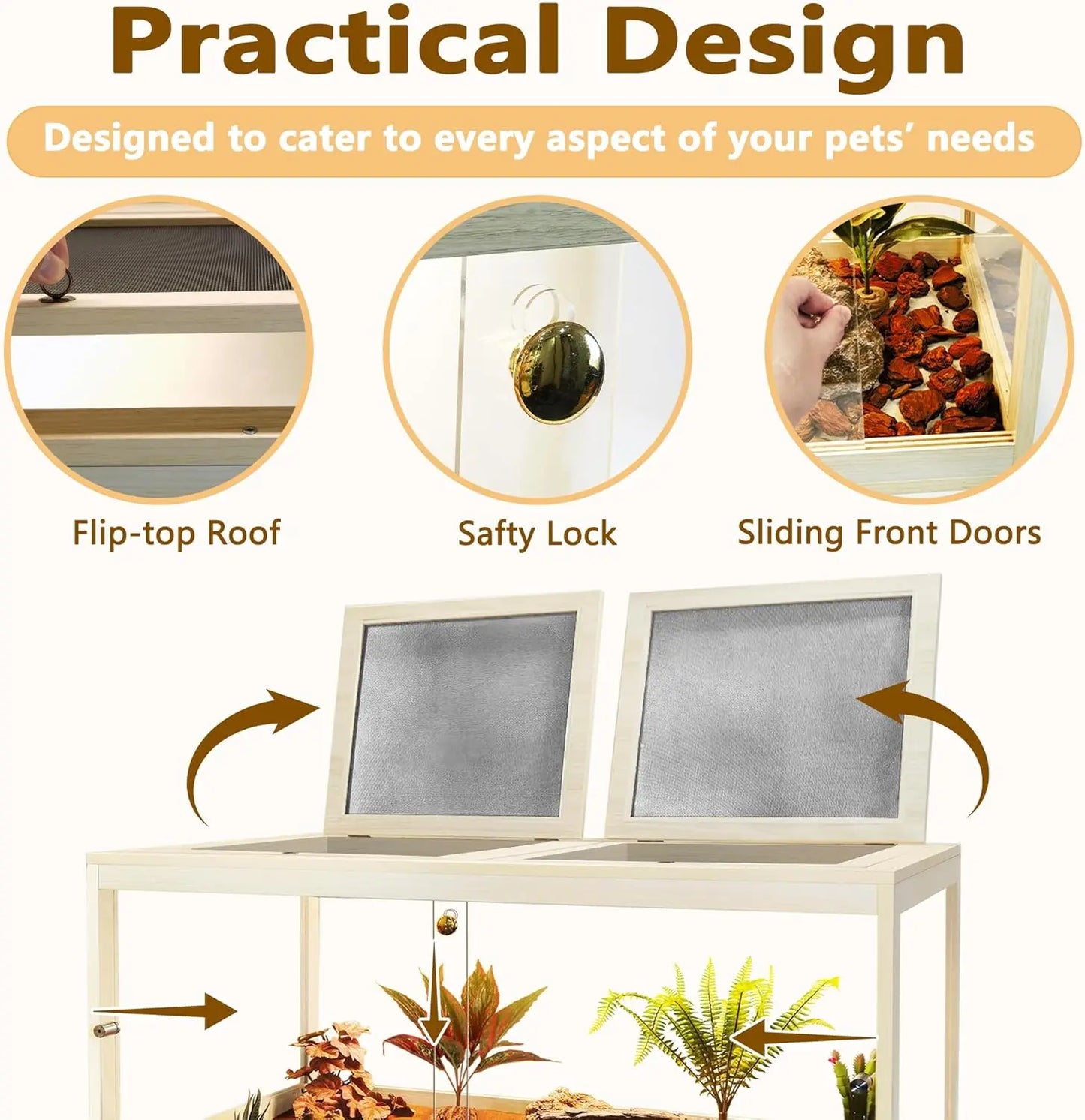 Bearded Dragon Tank, Reptile Tank with Meatl Mesh Roof and Front Sliding Door, Lizard Tank,Spacious Reptile Enclosure for Snakes